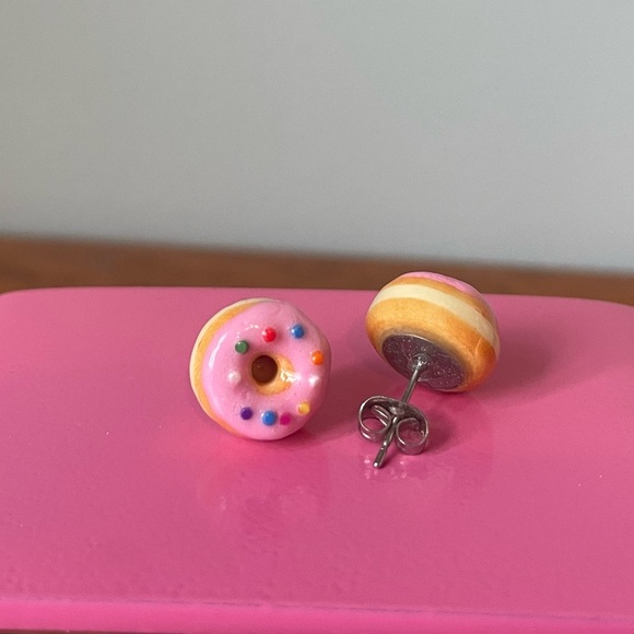 Pink Sprinkle Donut Stud Earrings Handmade ChellePastel Dopamine Jewelry EUC - Picture 3 of 12